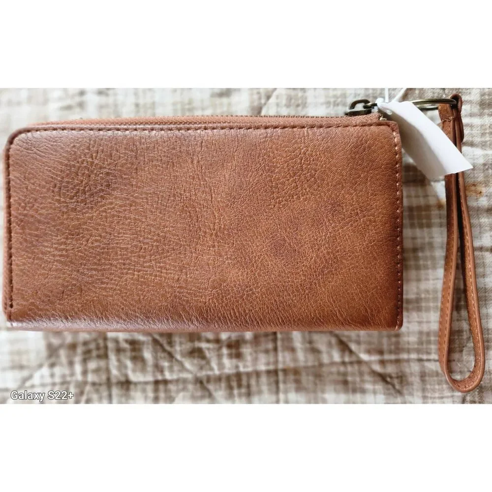 Brown faux leather zip wallet 3 pockets card pockets hand strap studded design